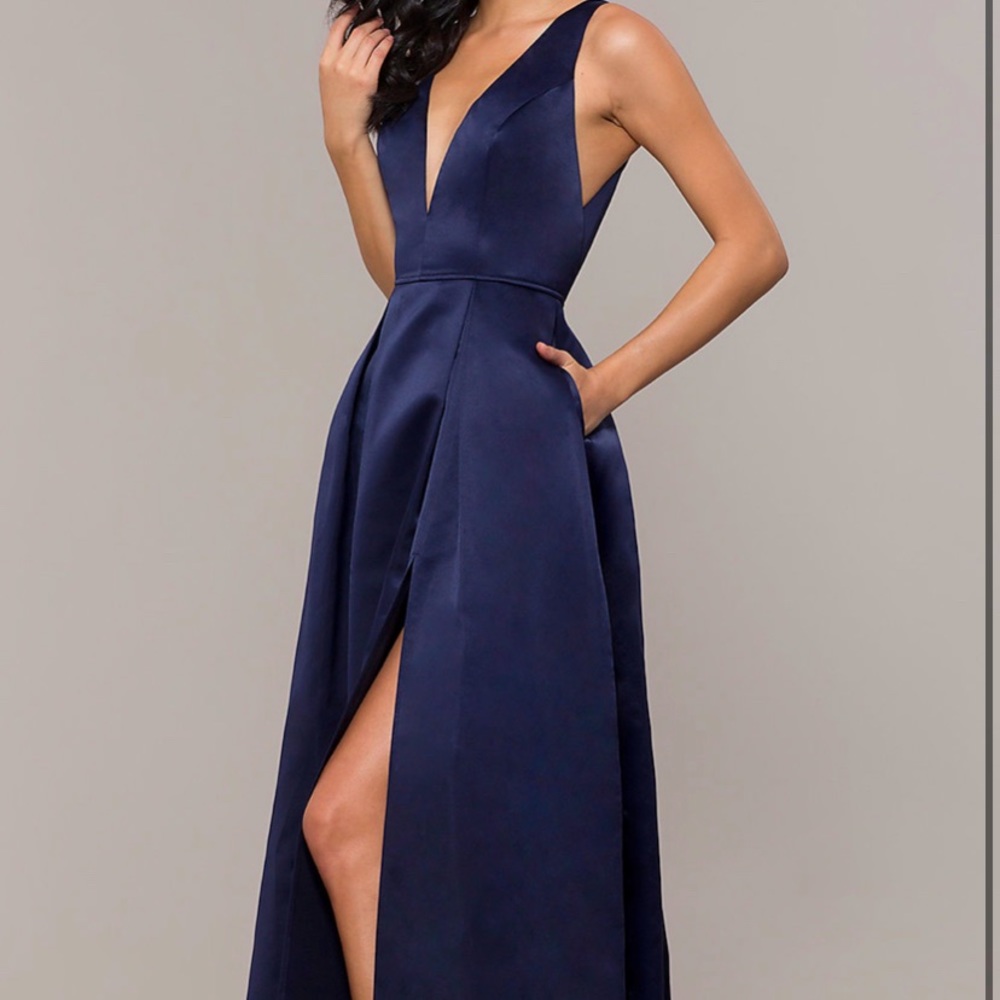 Long V-Neck Navy Satin Prom Dress by PromGirl